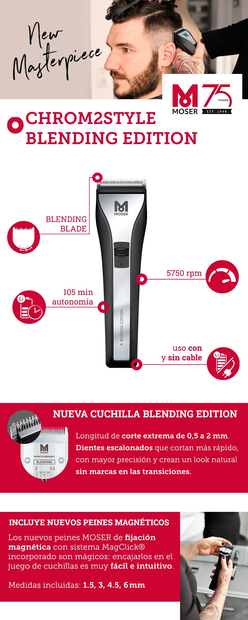 Detalles de la máquina de cortar el pelo MOSER CHROM2STYLE