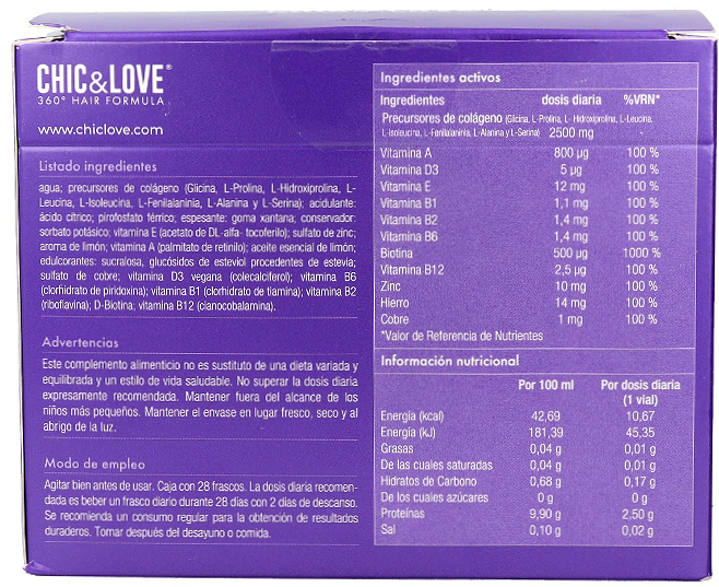 Comprar online Comprar online Viales Bebibles Hair Fórmula 360º Chic & Love 28 unid x 25 ml en la tienda alpel.es - Peluquería y Maquillaje